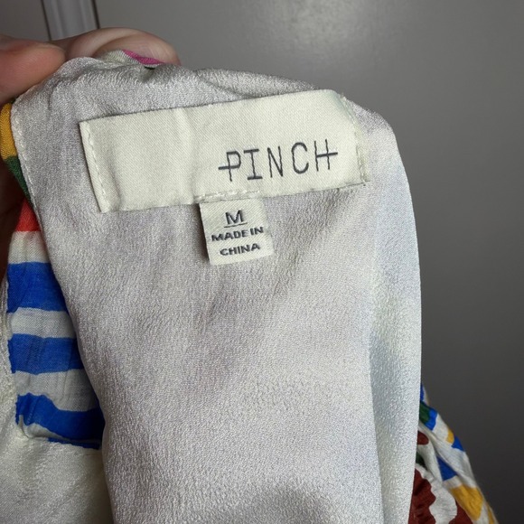 PINCH Patchwork Stripe Square Neck Puff Sleeve Tie Cuff Blouse Top M - Picture 5 of 7